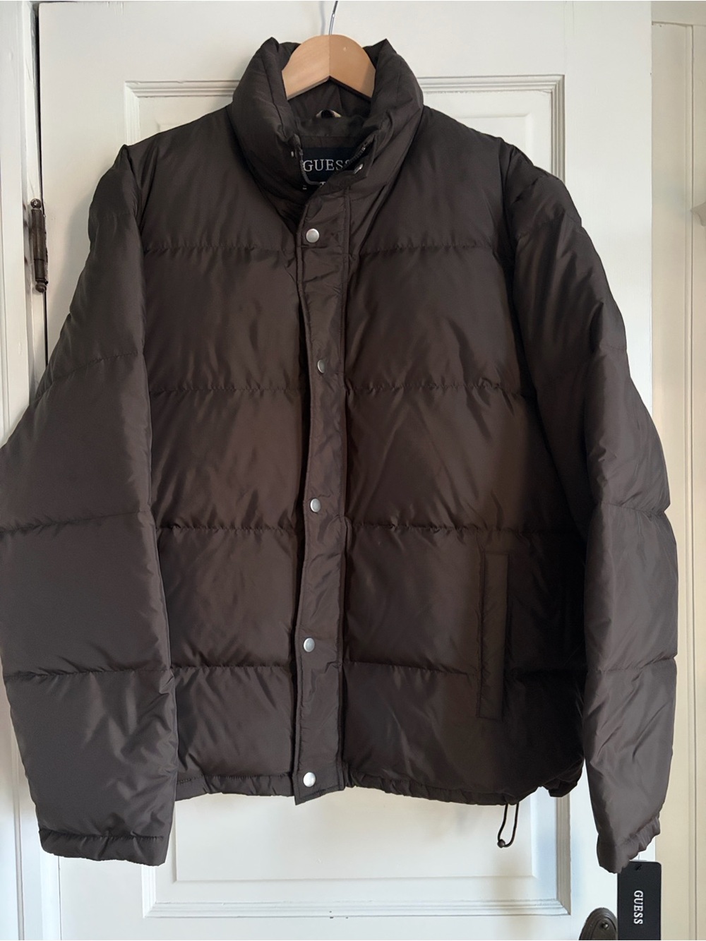 NWT Guess Down Puffer Jacket chocolate brown zip front with snap placket XL